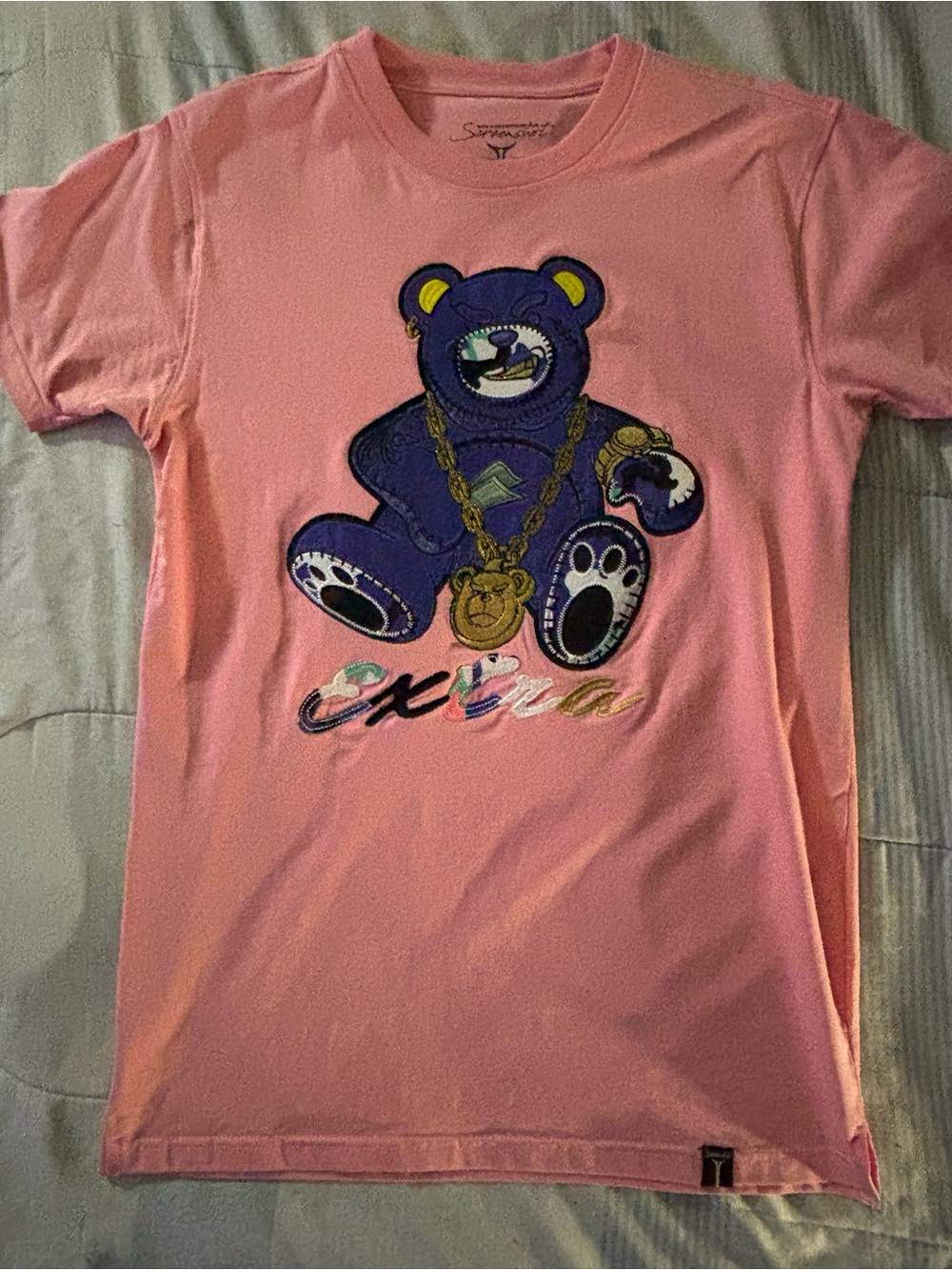 Supreme Pink Tee with Purple Bear and Gold Chain Graphic